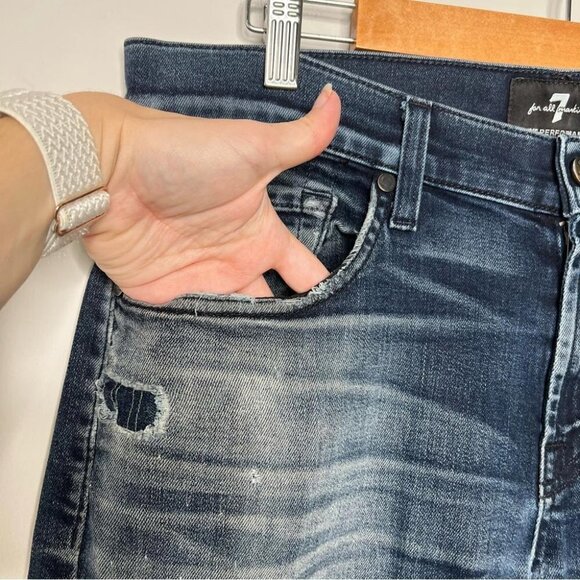 7 For All Mankind Mens Size 33 Slimmy Jeans FLAW Distressed Denim Dark Wash - Picture 4 of 13